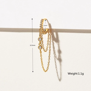 Macro detail of 18K gold plated chain earrings with cubic zirconia and size dimensions