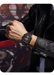 Close-up of black square multi-dial quartz watch with orange stitched leather strap