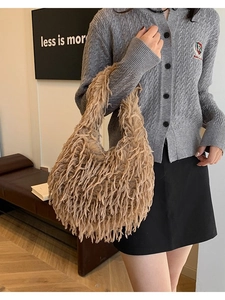 Chic khaki fuzzy shoulder bag with long tassel fur texture for autumn winter fashion