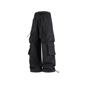 Pantaloni cargo neri da donna a vita alta con tasche multiple e gamba larga con coulisse