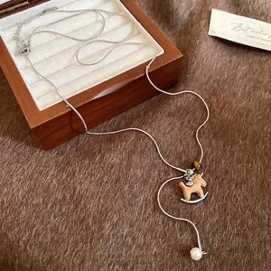 Tiger eye and wooden horse pendant necklace with pearl charm on silver snake chain