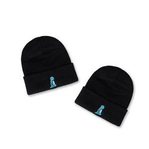 Set of two black cuffed knitted beanies featuring cute green dinosaur embroidery for winter