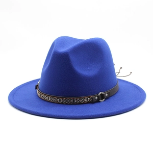 Royal blue wool felt jazz hat with ethnic woven band and silver metal ring detail