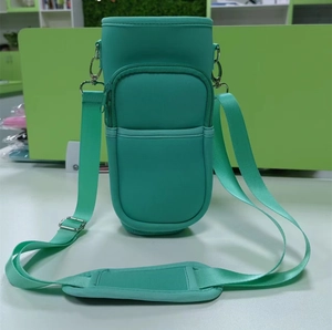Green neoprene pouch for 40oz tumbler with adjustable strap and front zipper pocket
