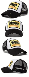 Detailed views of vintage trucker hat with mesh back and distressed brim embroidery