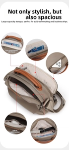 Detail showing multiple compartments and interior storage of khaki waterproof oxford handbag