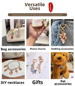 Various charm accessories shown as decorative accents for bags, phones and necklaces