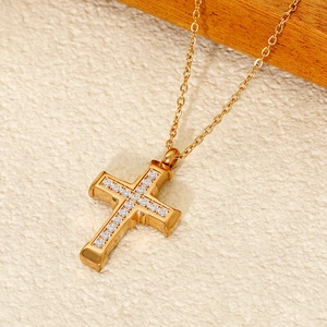 18K gold plated stainless steel cross necklace featuring sparkling zircon stones for couples