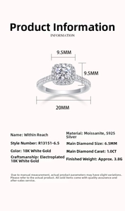 Detail specifications of 1ct moissanite S925 silver ring with dimensions and 18K white gold plating