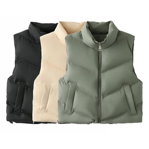 Women's chic stand collar sleeveless puffer vest in black, beige, and bean green