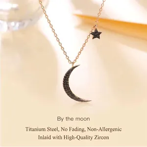 Moon Star Pendant Necklace Titanium Steel S925 Sterling Silver Black Zircon Inlaid Asymmetrical Clavicle Chain For Women