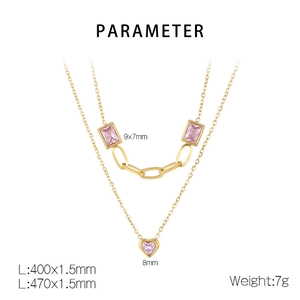 Detailed size parameters for gold double layer necklace with pink zircon heart pendant
