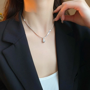 Polished silver double layer teardrop pendant necklace with a sleek snake chain for women