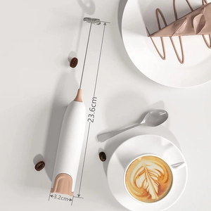 Electric handheld milk frother for coffee, 23.6cm long white and beige sleek design