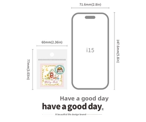 Fairy tale sticker pack dimensions compared to a mobile phone with size measurements