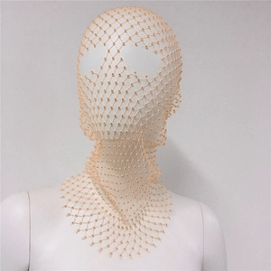Close-up of pink elastic rhinestone fishnet headpiece with crystal mesh details