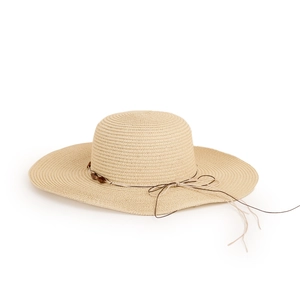 Close-up of wide brim straw hat showing woven fiber texture and brown bow detail
