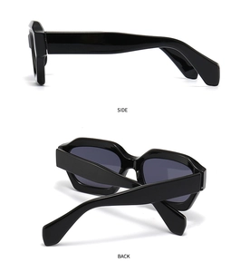 Detail view of black chunky frame sunglasses with side and back angle perspectives
