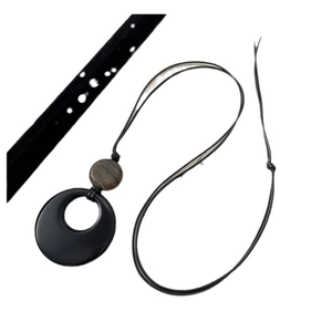 Minimalist faux agate ring pendant necklace with dark wood bead and black wax cord strap