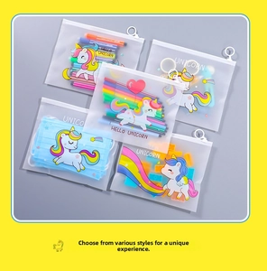 Detailed view of 5 translucent unicorn zipper pouches storing masks and stationery