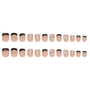 Faux ongles noirs style french avec paillettes argentées et perles, kit de 24 pièces