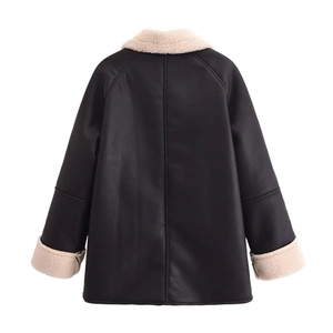 Back view of a street style faux leather jacket with beige faux fur lining and trim