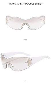 Detailed front and side views of Y2K sunglasses with silver star lens accents