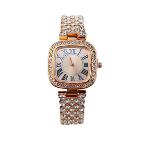 Elegant rose gold square watch for women featuring full diamond inlay and Roman numerals