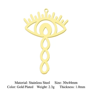 Detailed view of a gold-plated stainless steel teardrop eye charm with dimensions 30x44mm