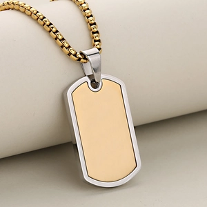Golden rectangular military tag necklace with silver border and gold beaded chain