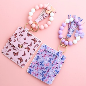 Pink and purple butterfly print PU leather card holder set with silicone beaded wristlet