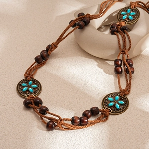 Bohemian Waist Chain Belt Wood Beads Hemp Rope Turquoise Style Flower Metal Disc Vintage Ethnic Style Women