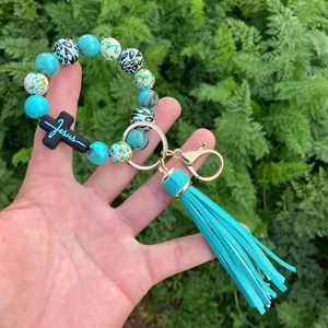 Leopard Silicone Beaded Keychain Wristlet With PU Tassel Cross Pendant Western Boho Beaded Bracelet Bangle Key Ring For Women Men