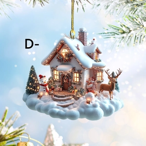 Detail of Christmas cloud house acrylic pendant with 3D snowy cottage and reindeer