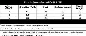Size chart for diamond knit bomber jacket including shoulder, bust, length and sleeve info