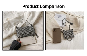 Size comparison of silver rhinestone crossbody bags showing small and large chain bag options