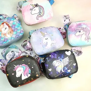 Unicorn themed mini crossbody bags for girls in various dreamy colorful patterns