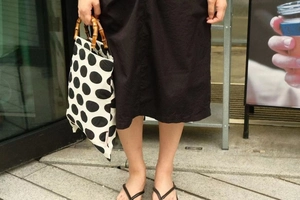 Detailed view of polka dot canvas handbag with authentic bamboo handles for women