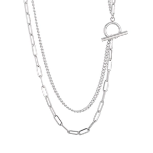 Double-layered silver titanium steel necklace featuring OT toggle clasp and paperclip chain