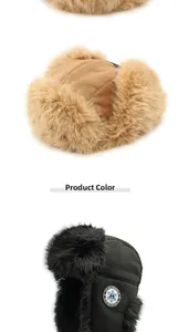 Winter aviator trapper hats in brown plush and black with Harbin sports embroidery