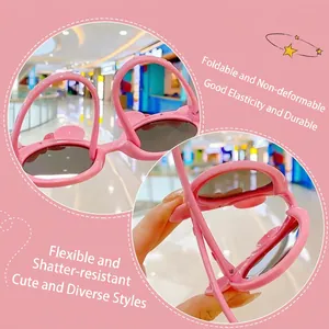 Pink flexible cartoon bunny sunglasses for kids with foldable durable frame design