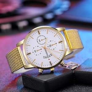 Geneva men's quartz watch with gold mesh band and white chronograph dial for business