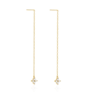 Detail of 925 sterling silver gold plated threader earrings with four-diamond flower pendants