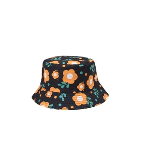 Kids reversible bucket hat with orange floral print on black fabric for sun protection