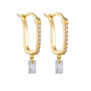 Elegant gold U-shaped hoop earrings with sparkling cubic zirconia and rectangular pendant
