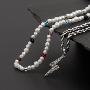 Men's retro colorful pearl necklace set with silver twist chain and rhinestone lightning bolt
