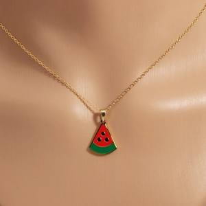 Minimalist titanium steel gold necklace with a vibrant watermelon enamel pendant