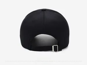 Detail view of the black baseball cap rear with an adjustable silver metal buckle