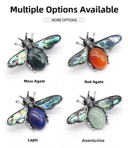 Detail of bee brooch with abalone shell wings and various semi-precious gemstones