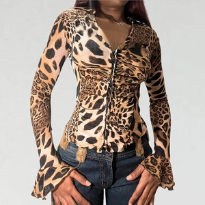 Leopard Print Blouse Long Sleeve V Neck Ruched Slim Fit Flare Cuffs Polyester Spandex Sexy Streetwear Top For Women